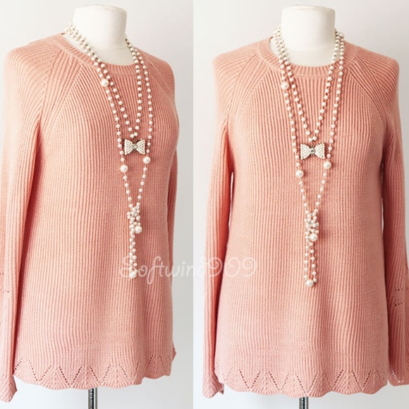 Very J Sweaters - Peach Pink Scallop Edge Long Tunic Sweater Top